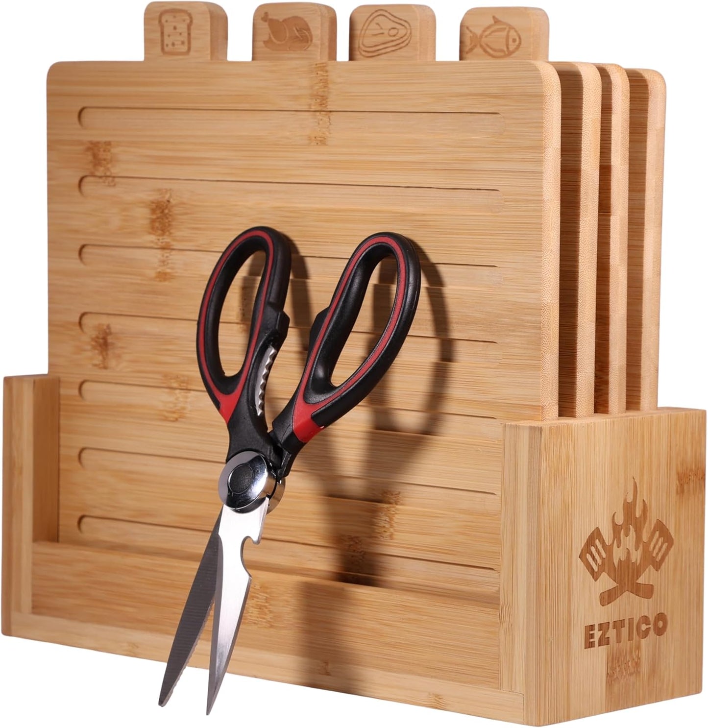 4-Piece Bamboo Cutting Board Set with Premium Scissors for Kitchen