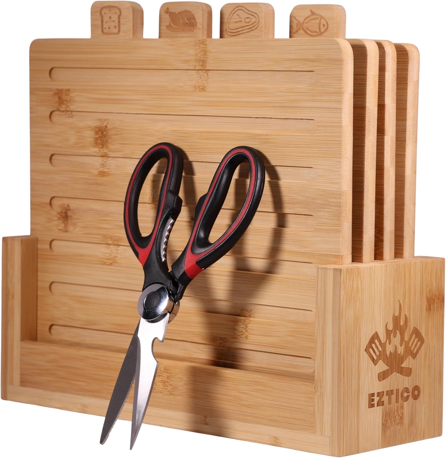 4-Piece Bamboo Cutting Board Set with Premium Scissors for Kitchen