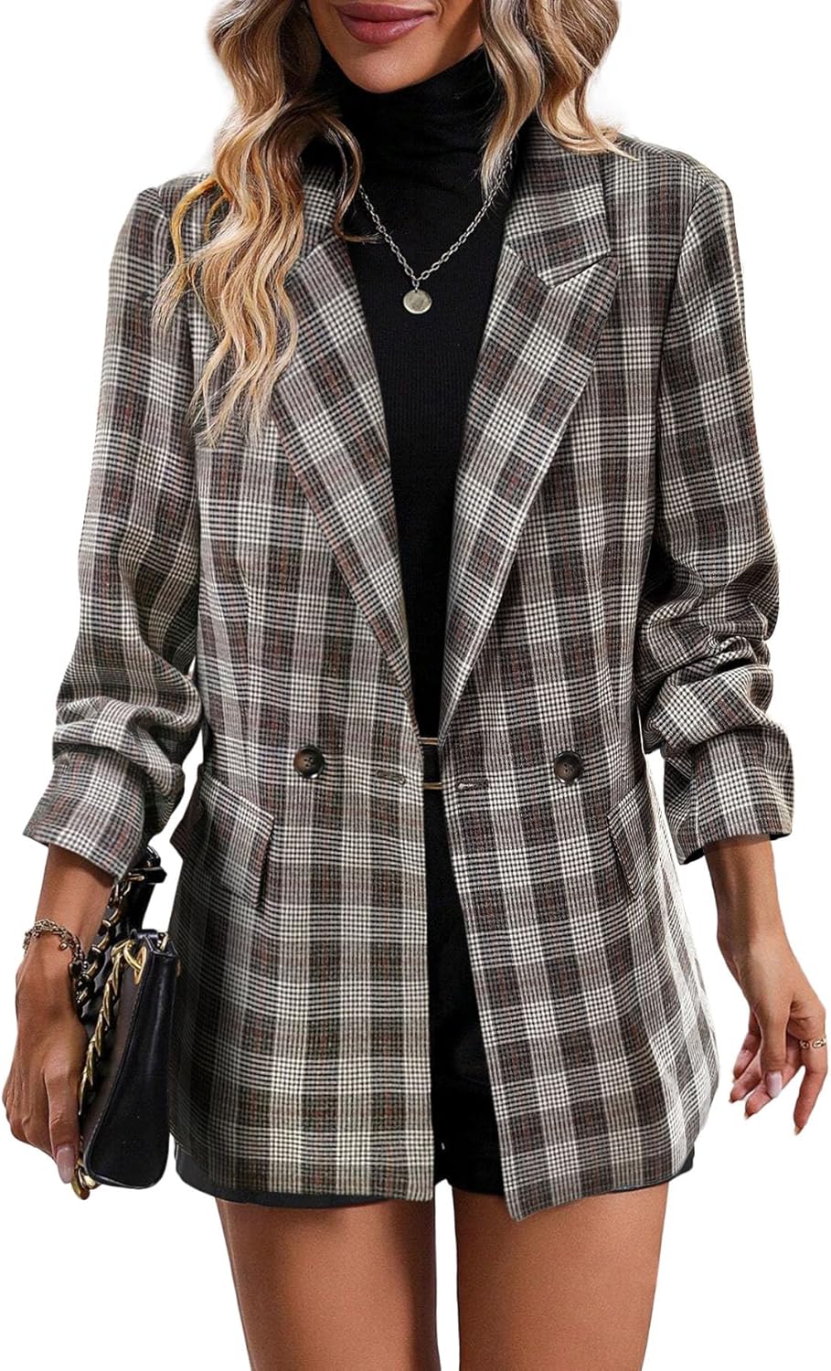 Mina Self Women's Plaid Houndstooth Blazer Jacket for Office