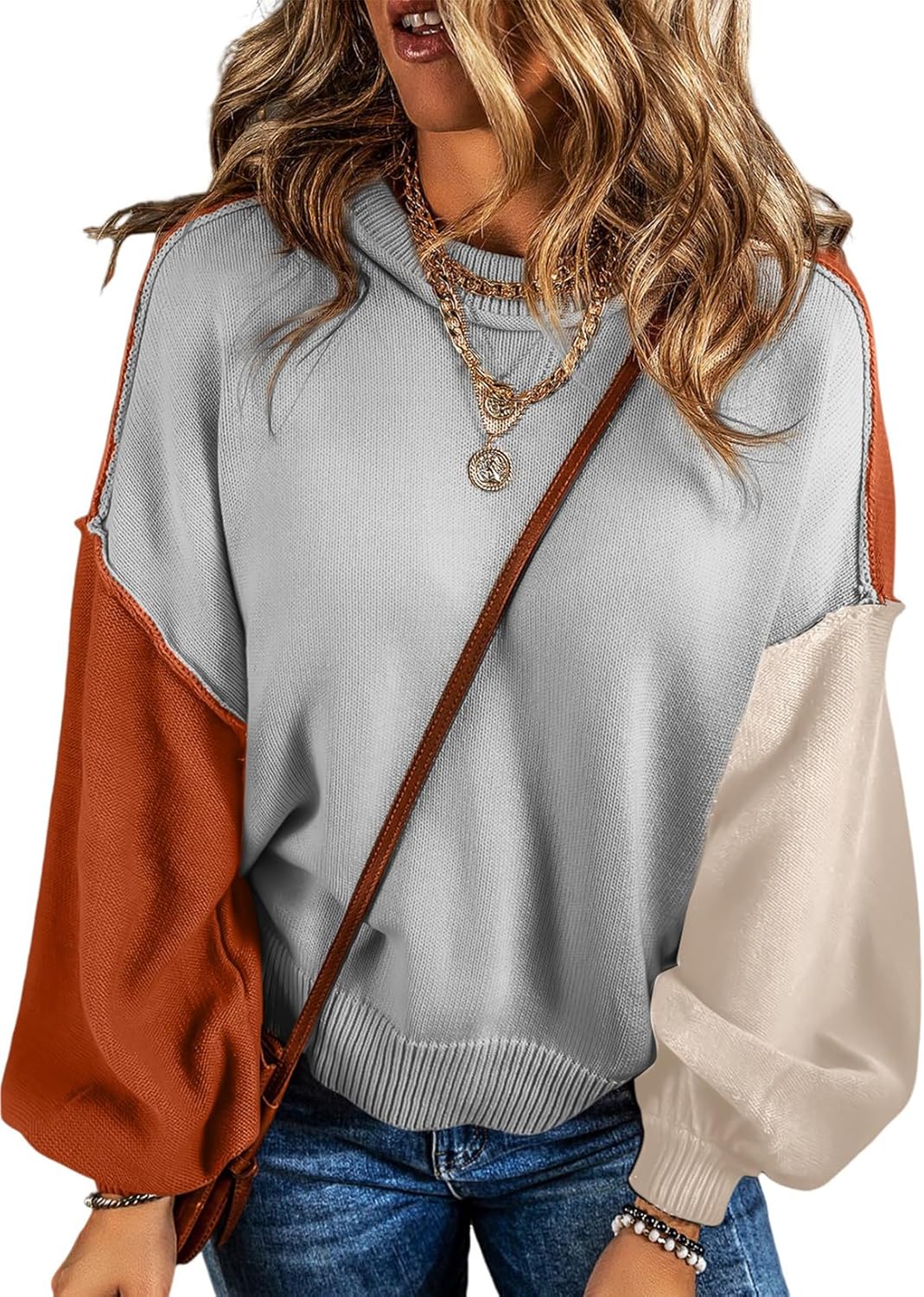 Dokotoo Women's Colorblock Crewneck Sweaters for Fall Winter