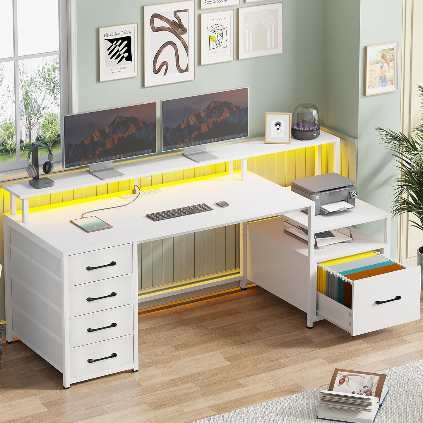 Multifunctional 66in Computer Desk with Drawers and LED Lights
