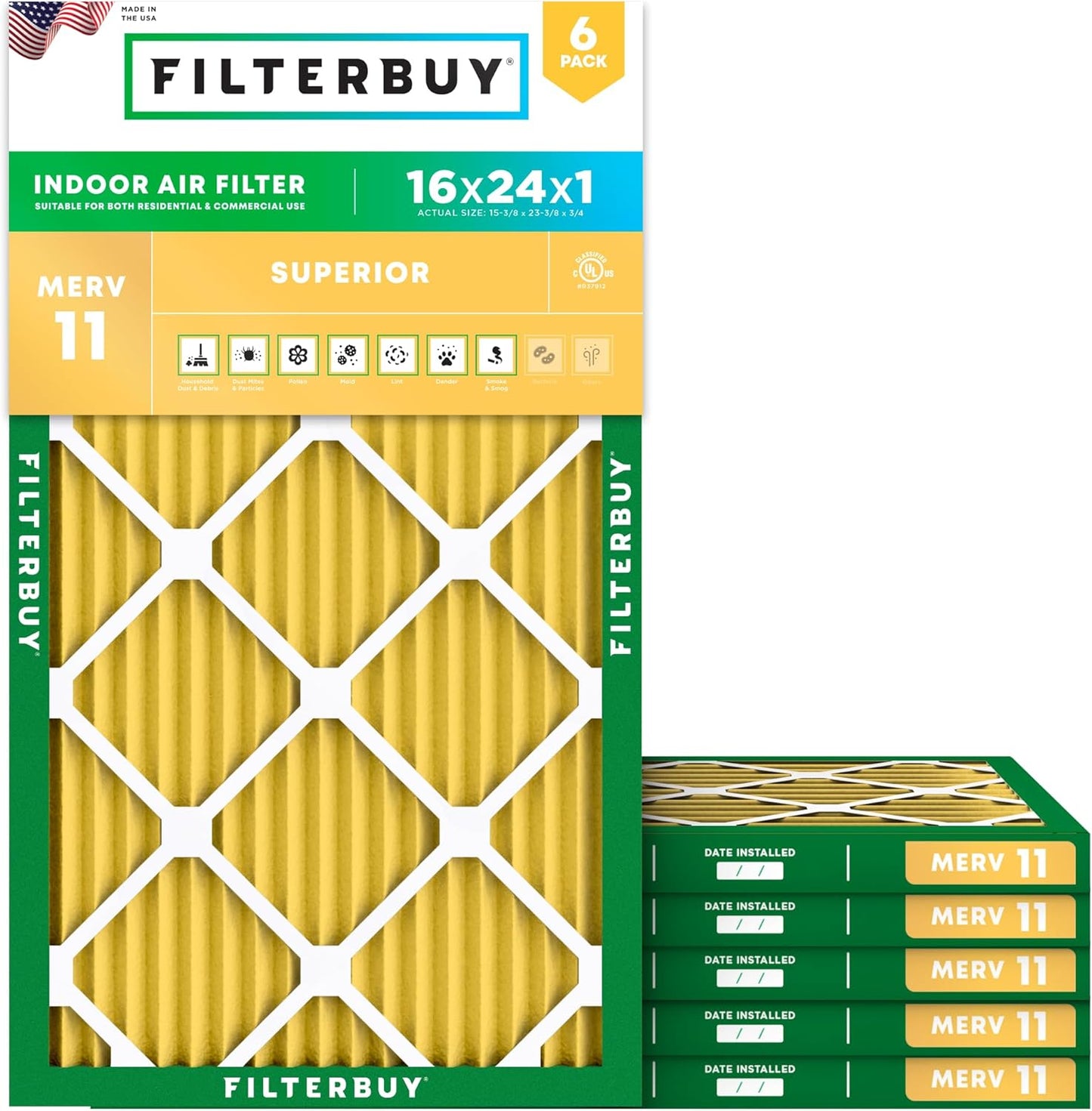 Filterbuy 16x24x1 Air Filter MERV 11 for Pet & Allergy Defense
