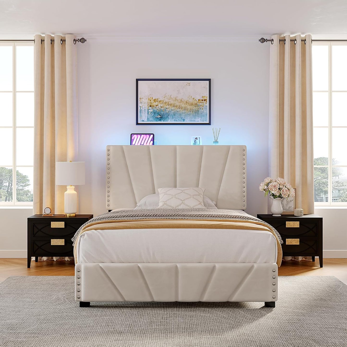 EnHomee Twin Bed Frame with LED Light and Velvet Upholstery