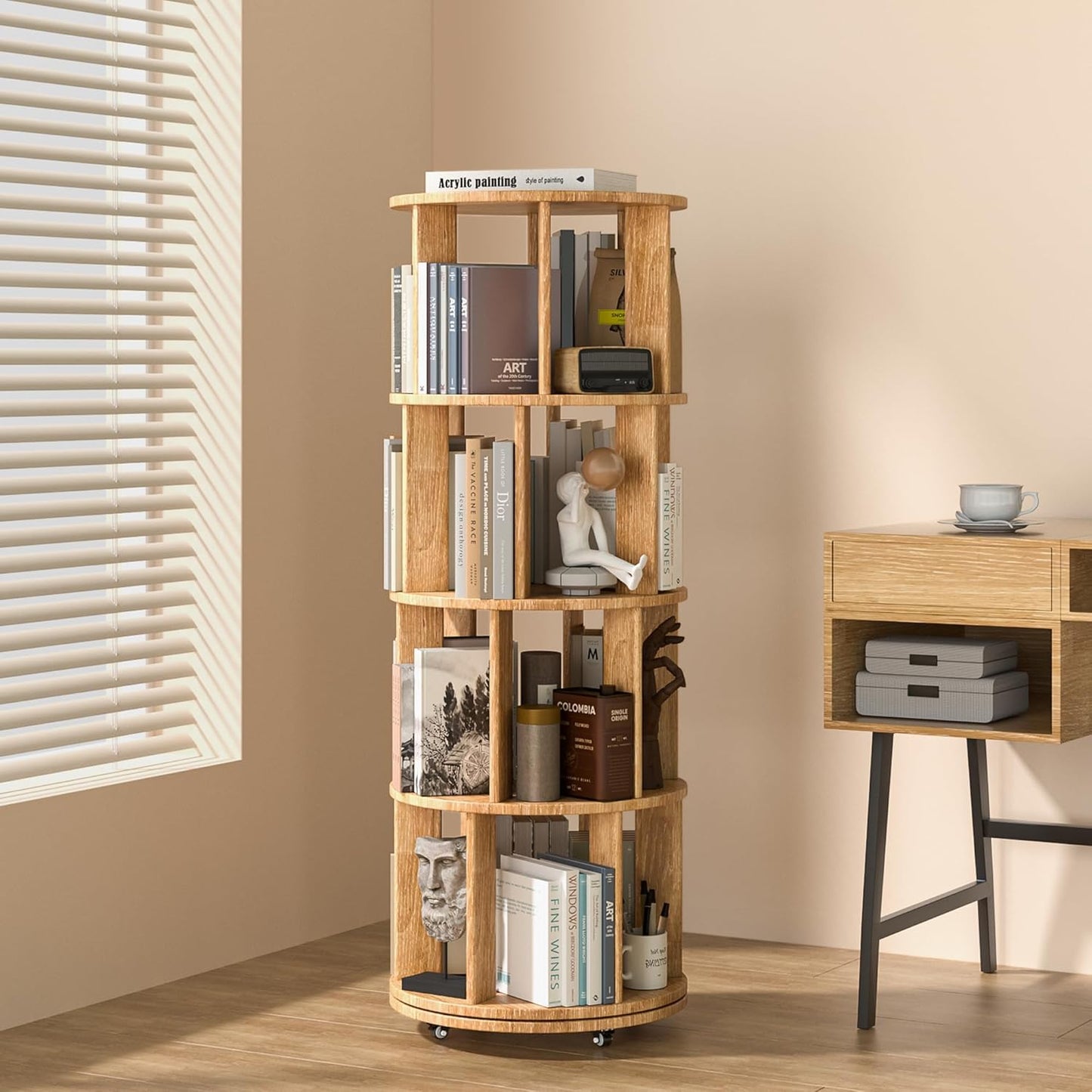 4 Tier Rotating Bookshelf Tower with Lockable Wheels for Home