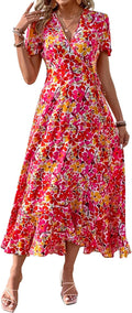Women's Summer Maxi Dress Floral Wrap V Neck - Flowy Ruffle