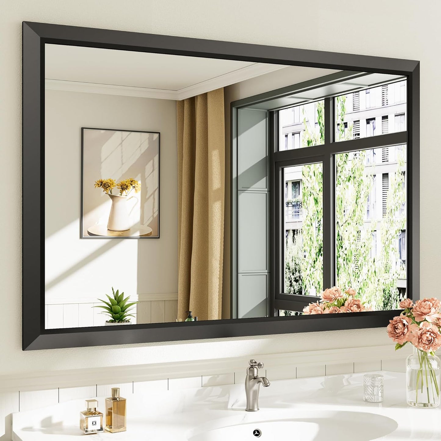 48x32 Inch Black Bathroom Mirror with Thick Metal Frame