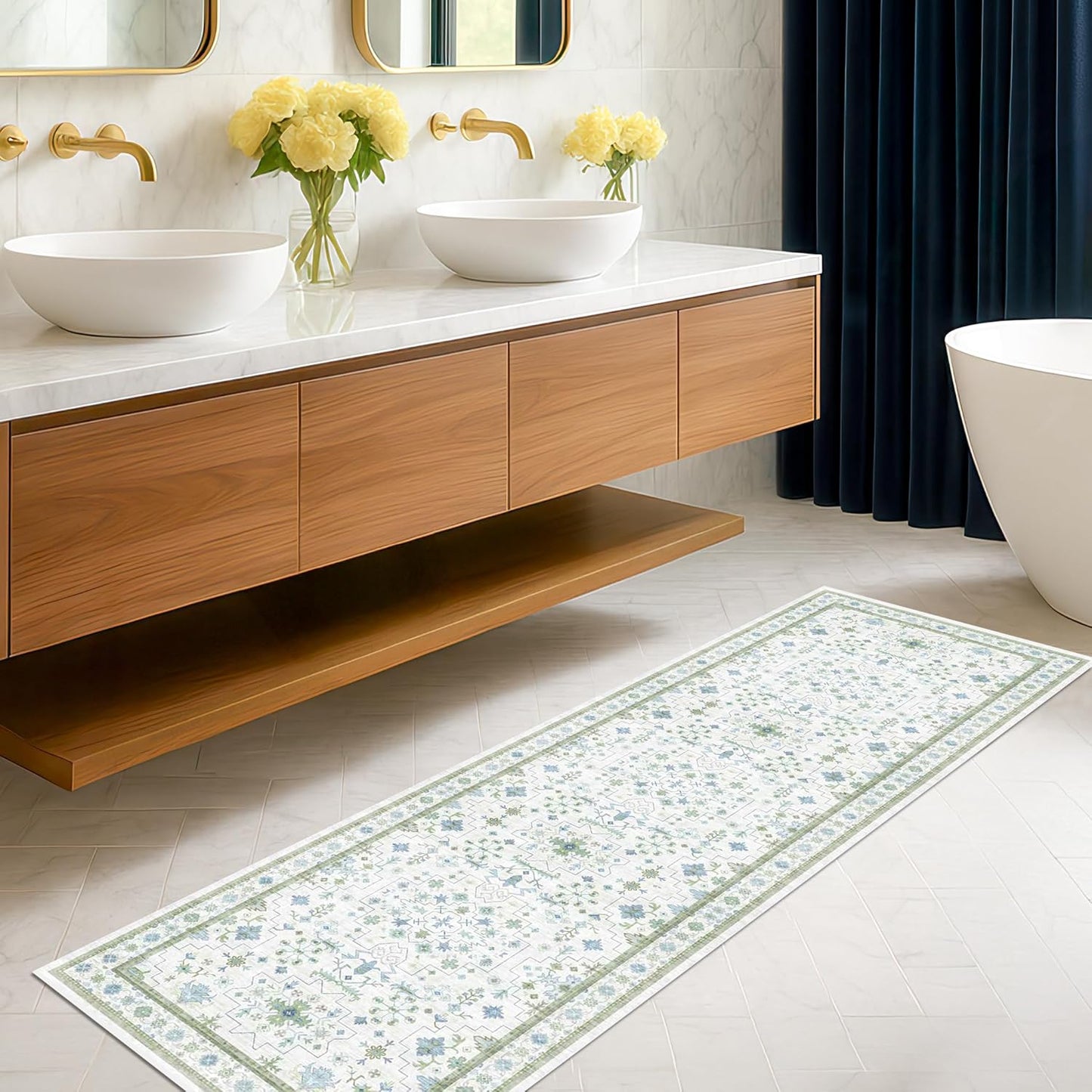 Boho Bathroom Runner 2x7 - Cream Green Floral Turkish Rug