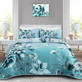 Blue Floral Quilt Set King Size 3 Piece Boho Quilt Coverlet