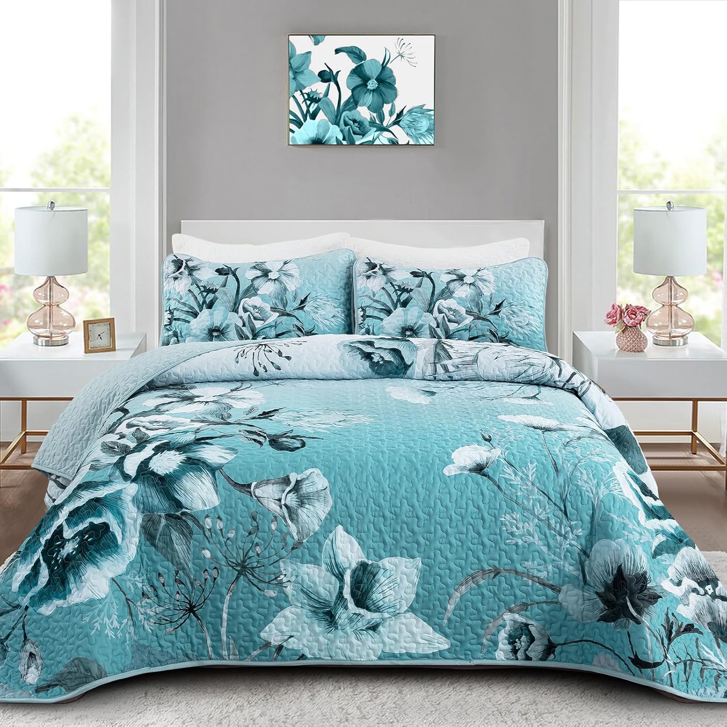 Blue Floral Quilt Set King Size Soft Microfiber Bedspread