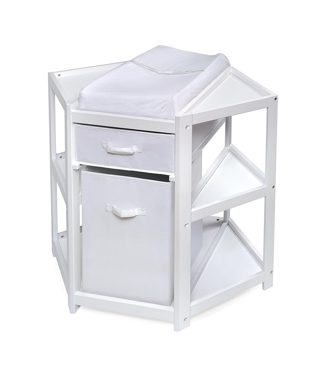 Space-Saving Diaper Corner Table with Hamper & Pad