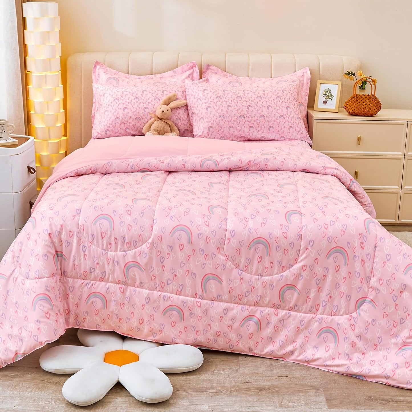 Viviland Twin Pink Rainbow Comforter Set for Girls, 5 Pieces