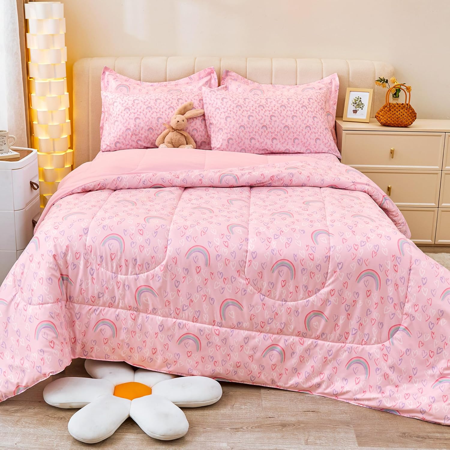 Viviland Twin Pink Rainbow Comforter Set for Girls, 5 Pieces