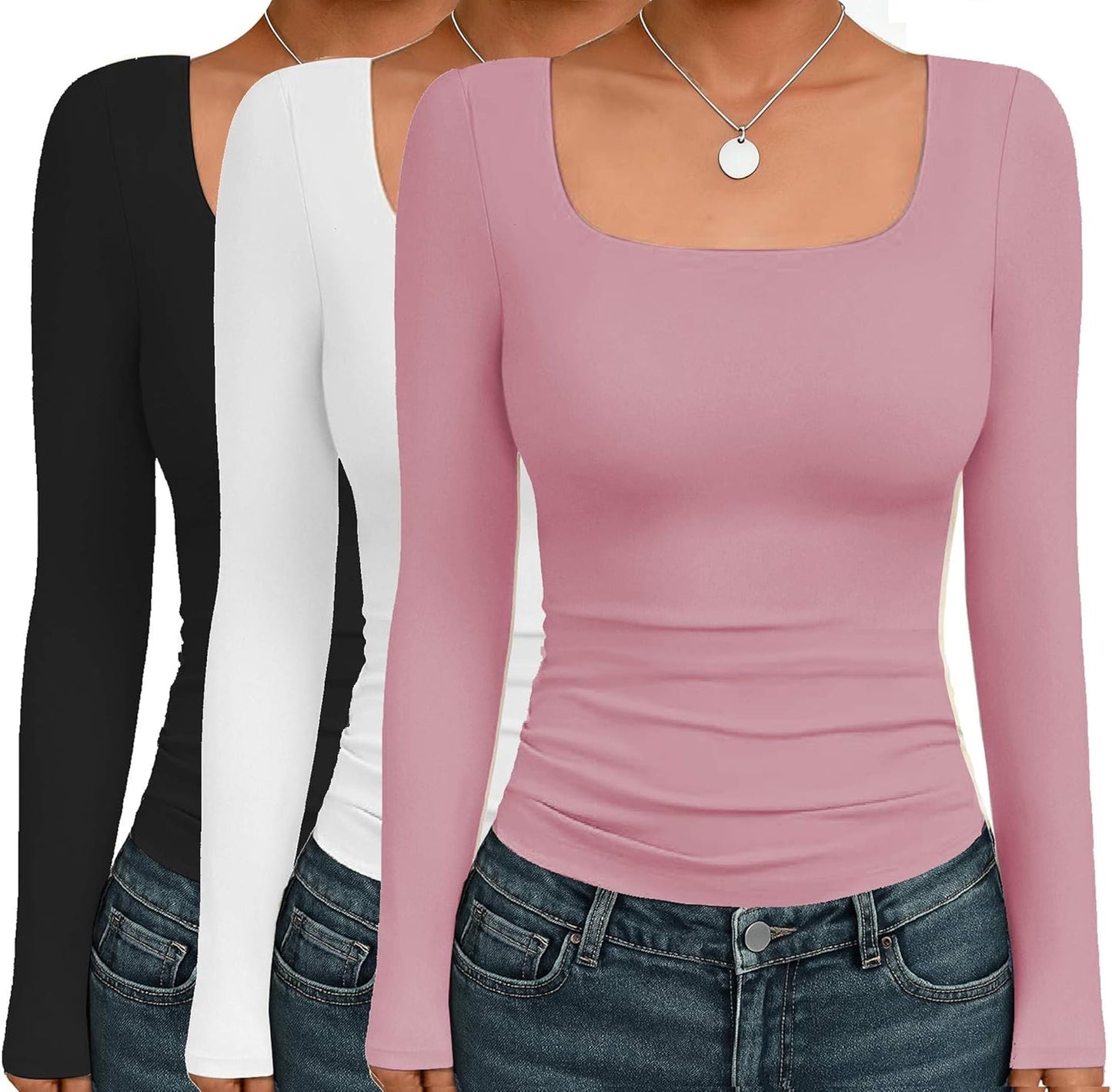 Ekouaer Womens Long Sleeve Square Neck Thermal Shirts 3 Pack