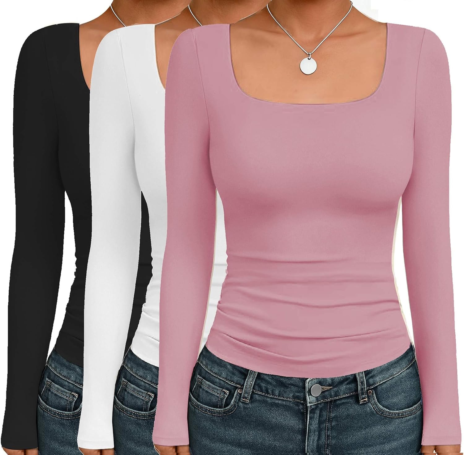Ekouaer Womens Long Sleeve Square Neck Thermal Shirts 3 Pack