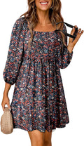 Boho Floral Square Neck Smocked 3/4 Sleeve Mini Dress - Flattering