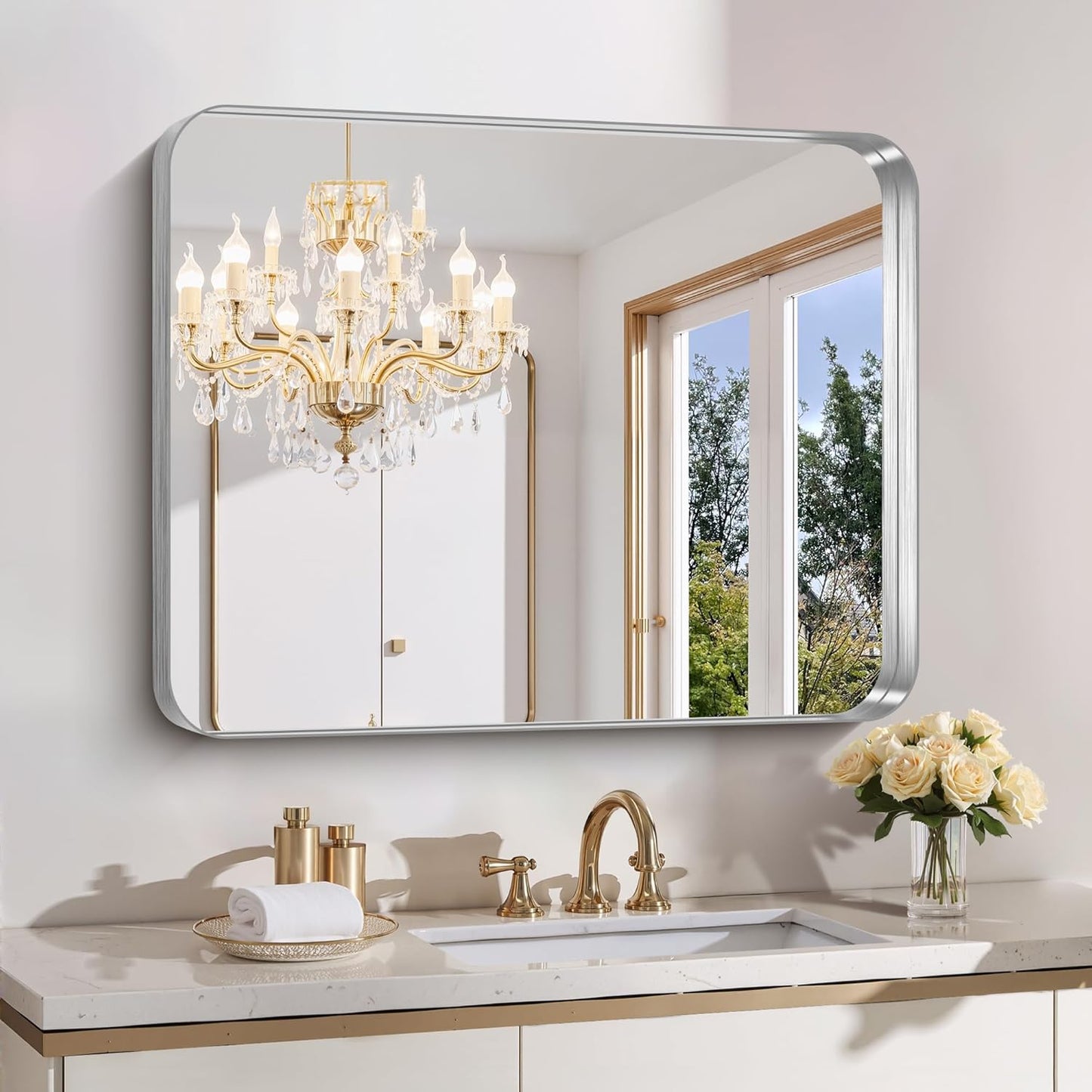 FORBATH 30x36 Inch Bathroom Mirror with Brushed Silver Frame