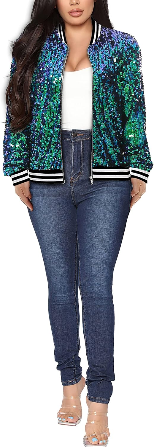 Womens Long Sleeve Sequin Open Front Zipper Jacket for Style