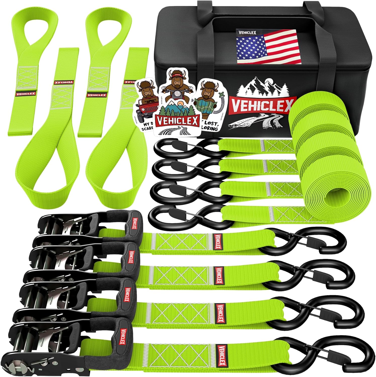 Vehiclex Motorcycle Ratchet Tie Down Straps - Heavy Duty 4PK