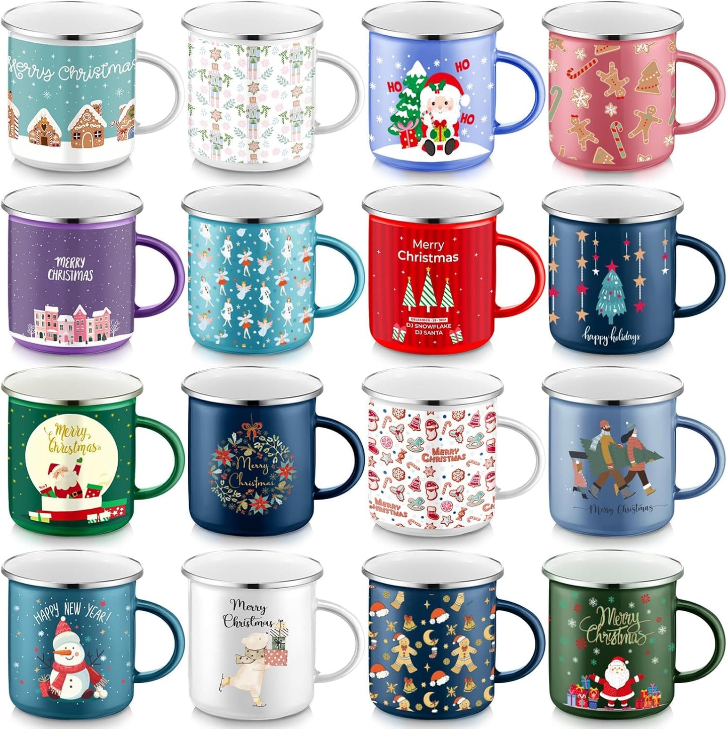 16 Pcs Christmas Enamel Mugs Set for Holiday Cheer and Gifting