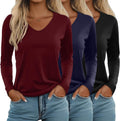 Ficerd 3 Pack Women's Long Sleeve V Neck Tops - Soft Stretchy Cotton