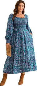 Plus Size Long Sleeve Floral Maxi Dress - Smocked Square Neck