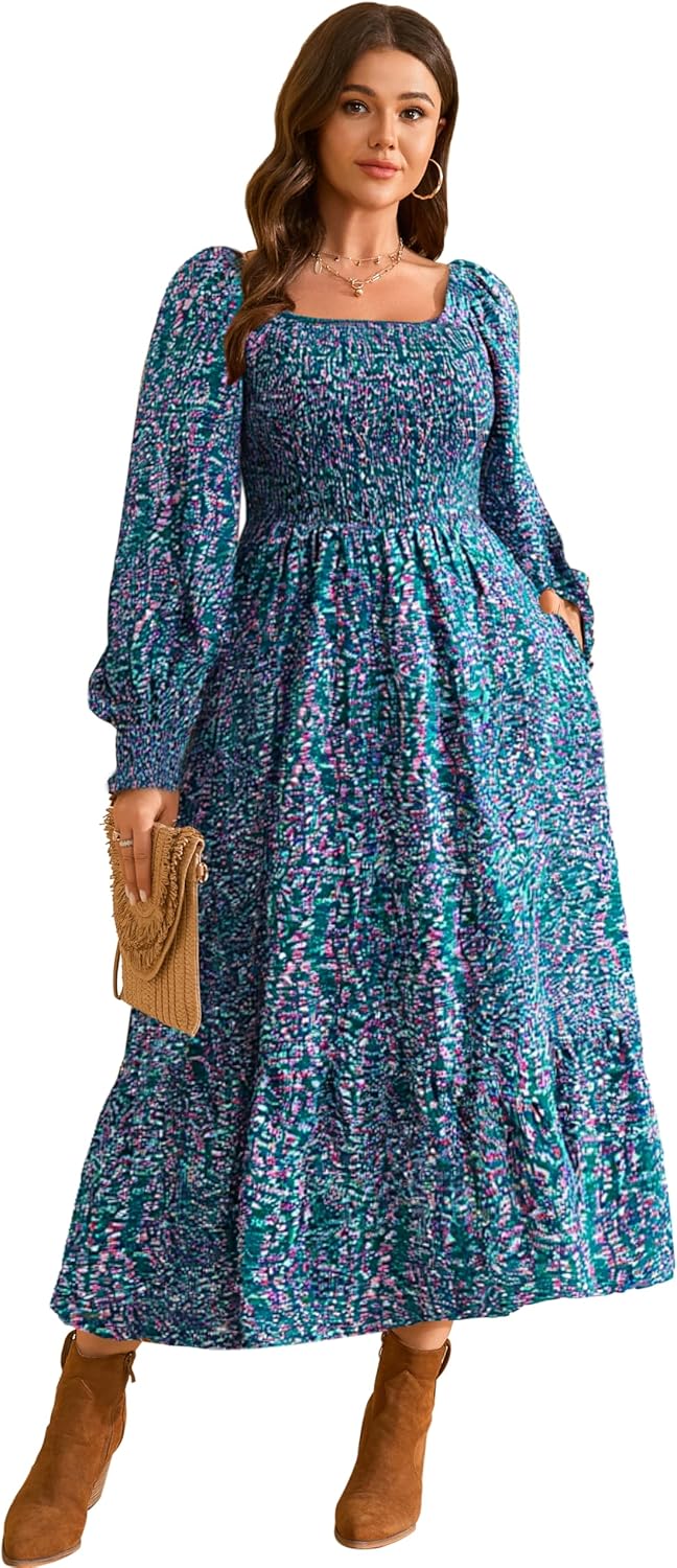 Plus Size Long Sleeve Floral Maxi Dress with Pockets for Women