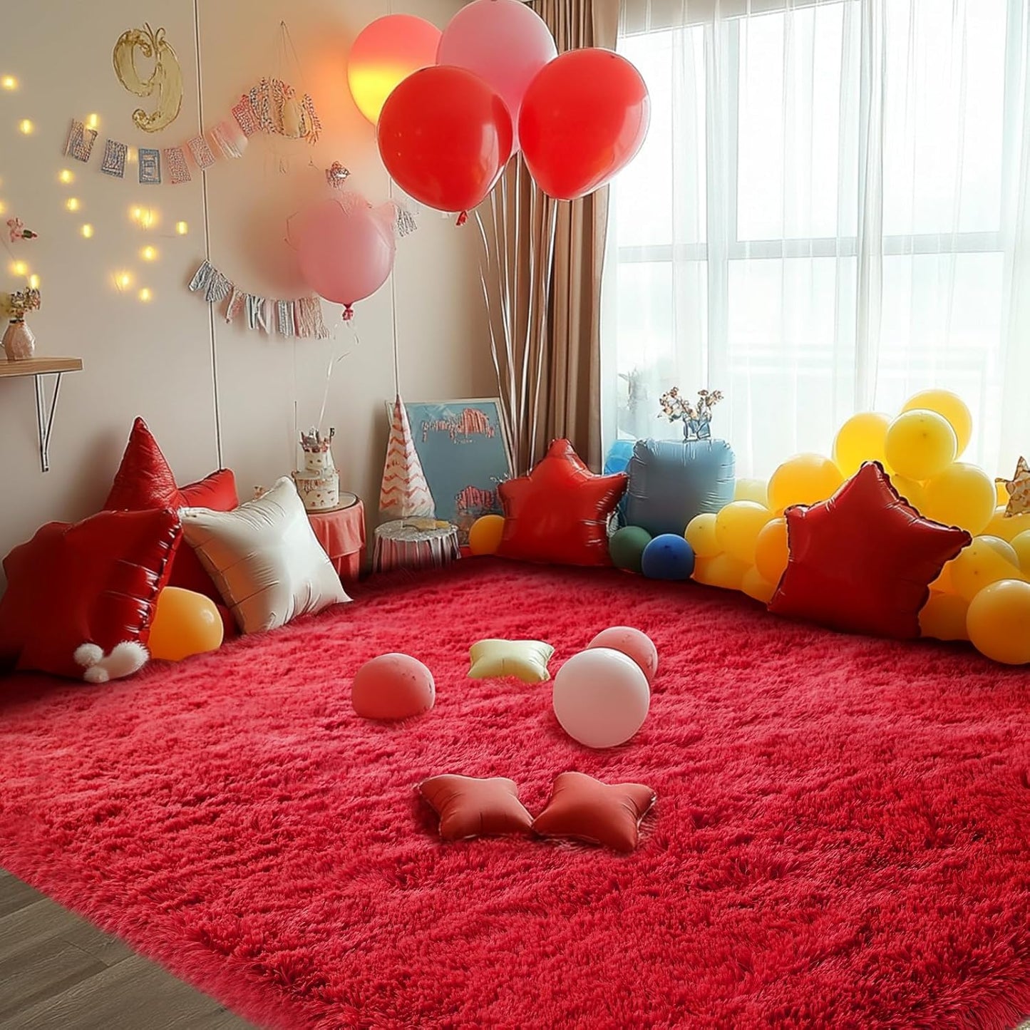 Red Fluffy Area Rug for Bedroom - Plush High-Pile Carpet