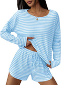 Ekouaer Waffle Lounge Sets Striped Long Sleeve Shorts Pajama Set