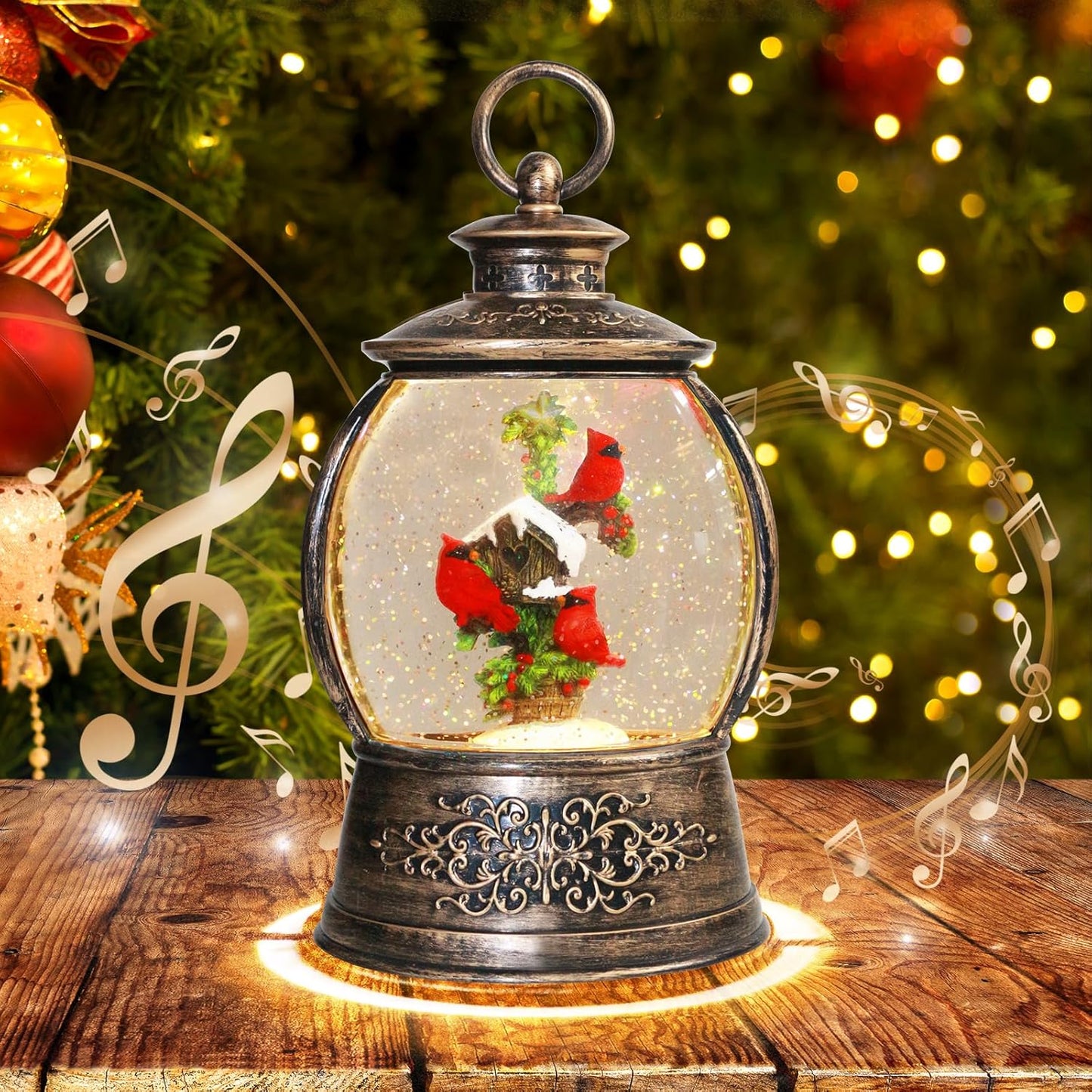 Christmas Cardinal Snow Globe Lantern with Musical Lights 12.5in