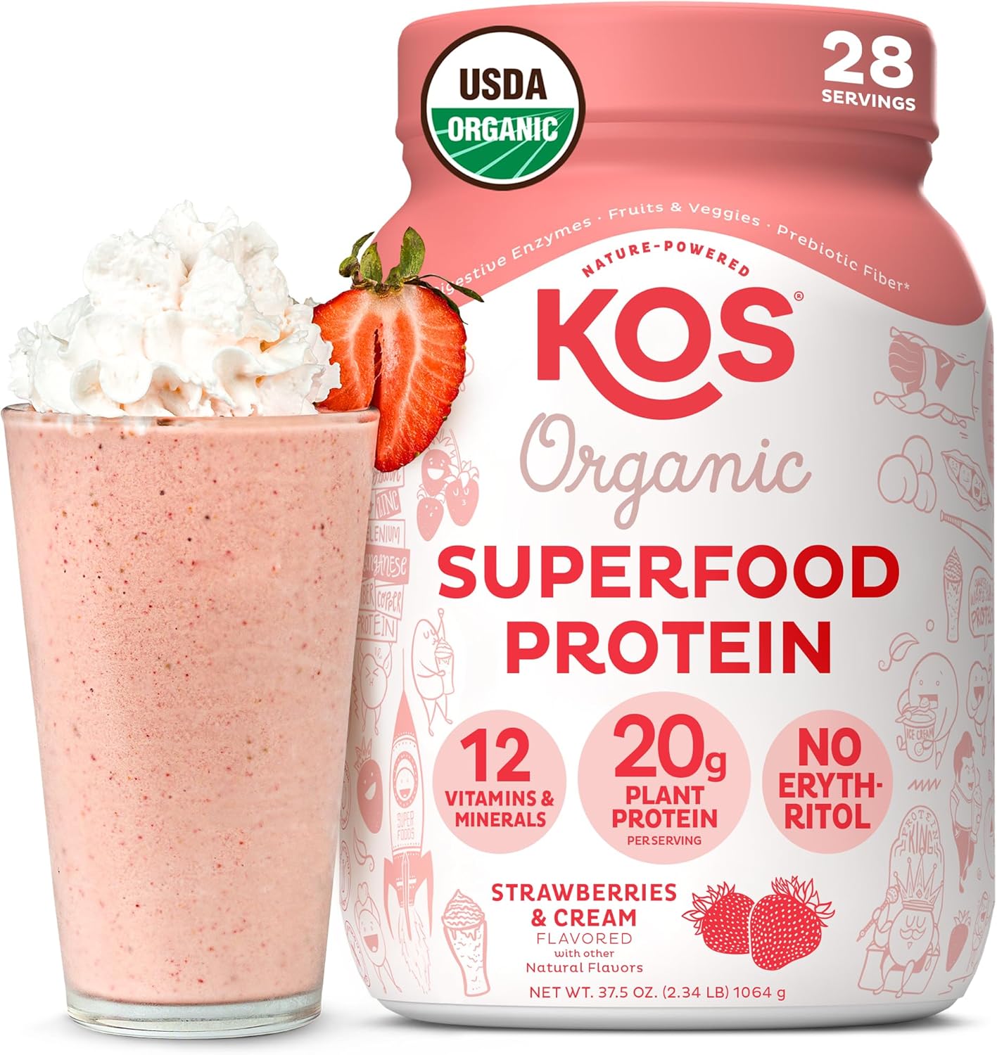 KOS Organic Plant Based Protein Powder - Strawberries & Cream
