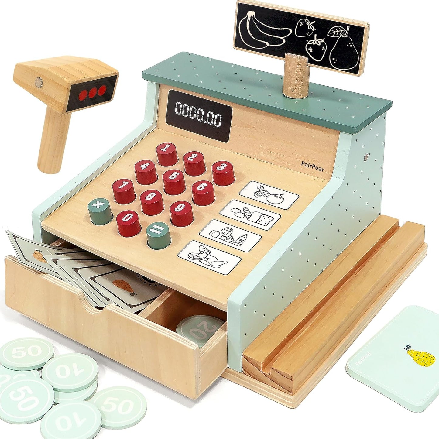 PairPear Wooden Toy Cash Register for Kids Pretend Play Fun