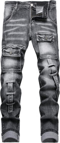 Men's Biker Moto Washed Distressed Slim Fit Straight (Style 79GT)