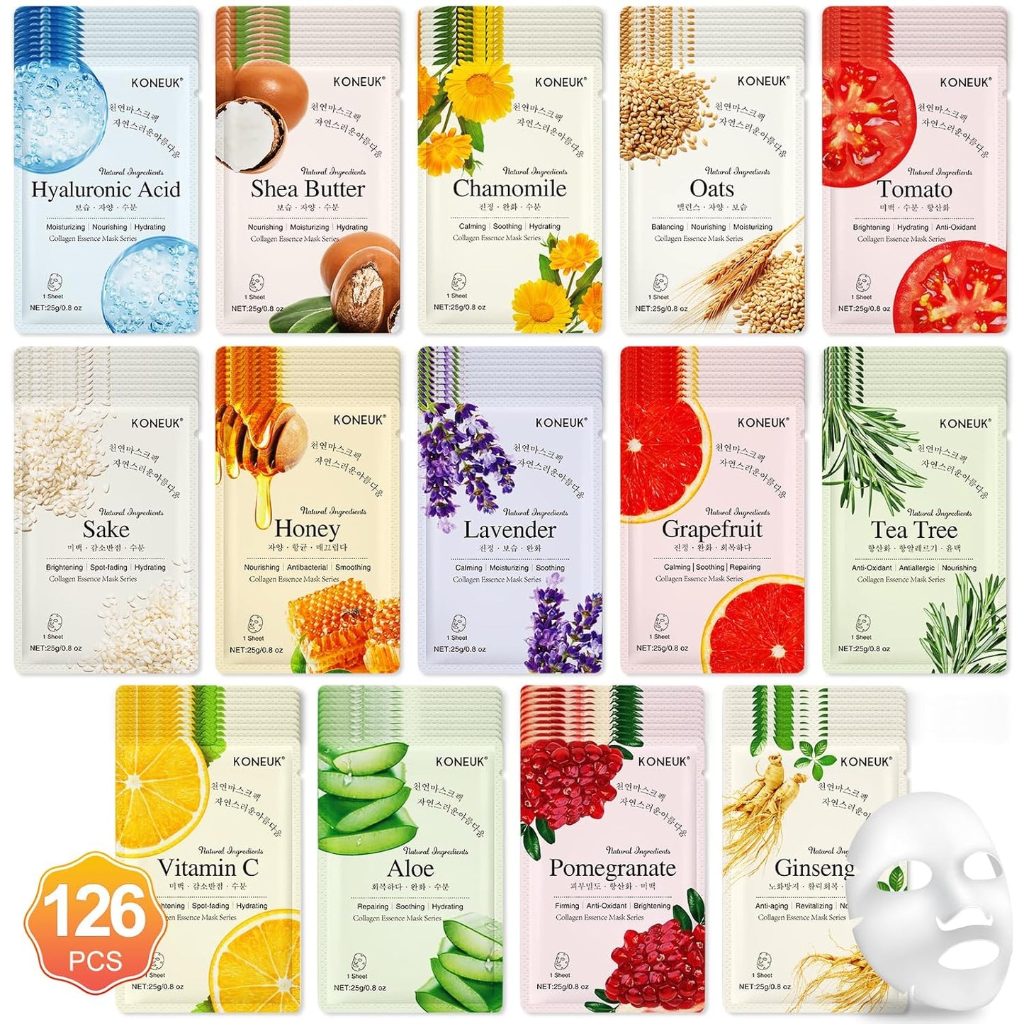 126 Pack Sheet Face Masks Skincare for All Skin Types Gift Set