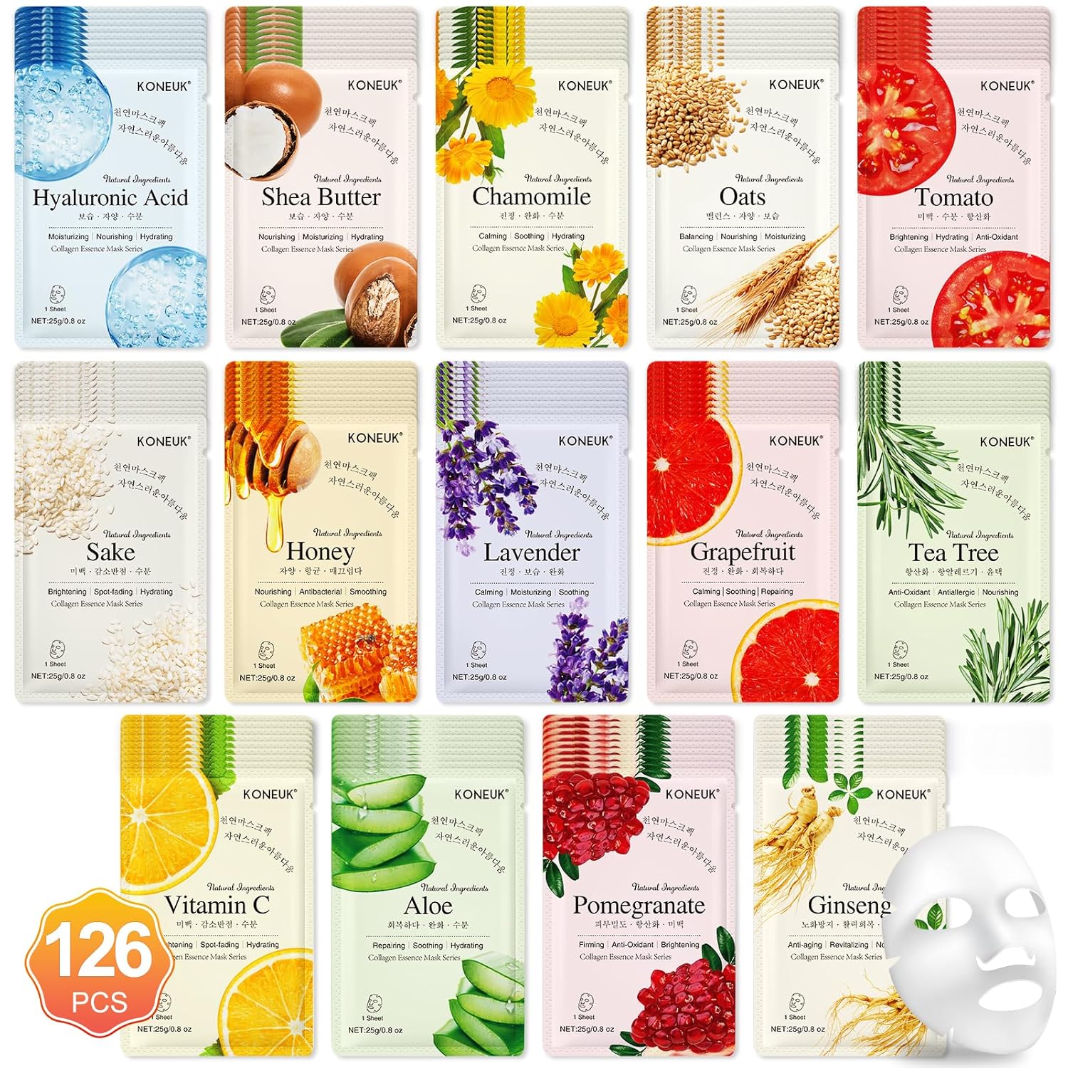 126 Pack Sheet Face Masks Skincare for All Skin Types Gift Set