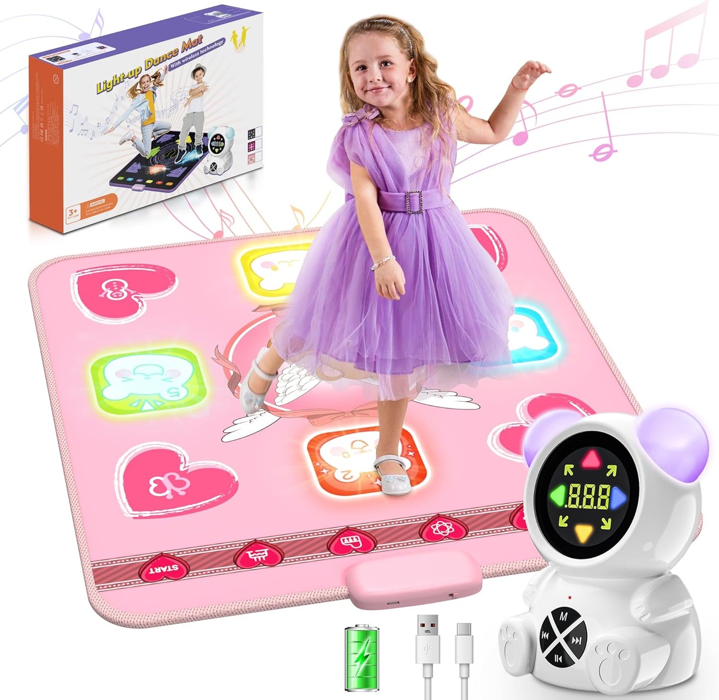 Wireless Light-Up Dance Mat - 5 Games, Adjustable Volume, LED Lights - Perfect Gift for Girls!