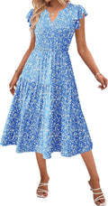 Womens Summer Casual Ruffle Sleeve V Neck Midi Dress