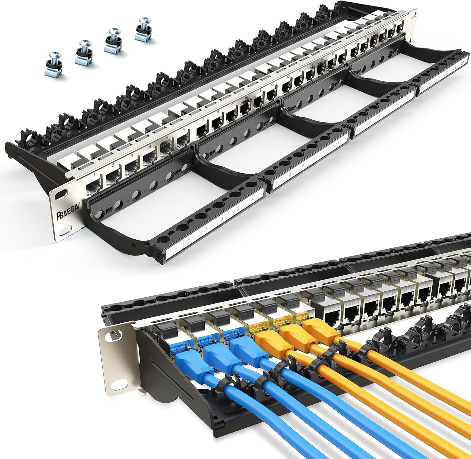 24 Port Patch Panel with Cat6A STP Keystone Jack for Rack Mount
