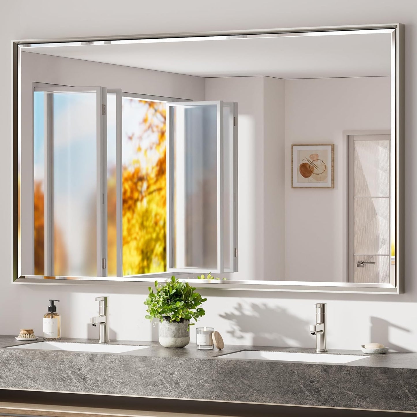 60 x 36 Brushed Nickel Bathroom Mirror with Beveled Frame