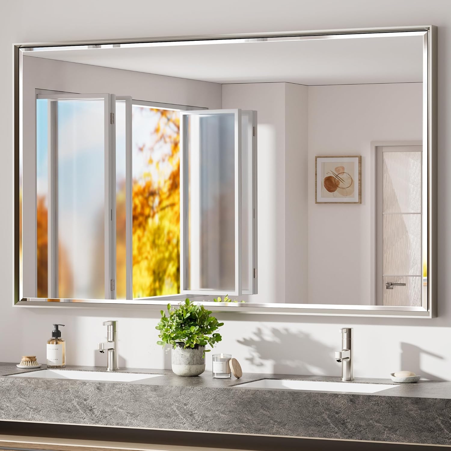 60 x 36 Brushed Nickel Bathroom Mirror with Beveled Frame