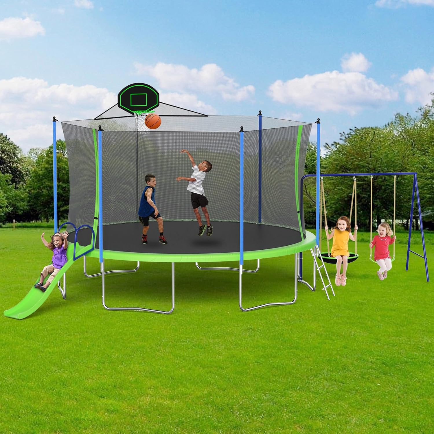 16ft Heavy Duty Round Trampoline with Basketball Hoop for Fun