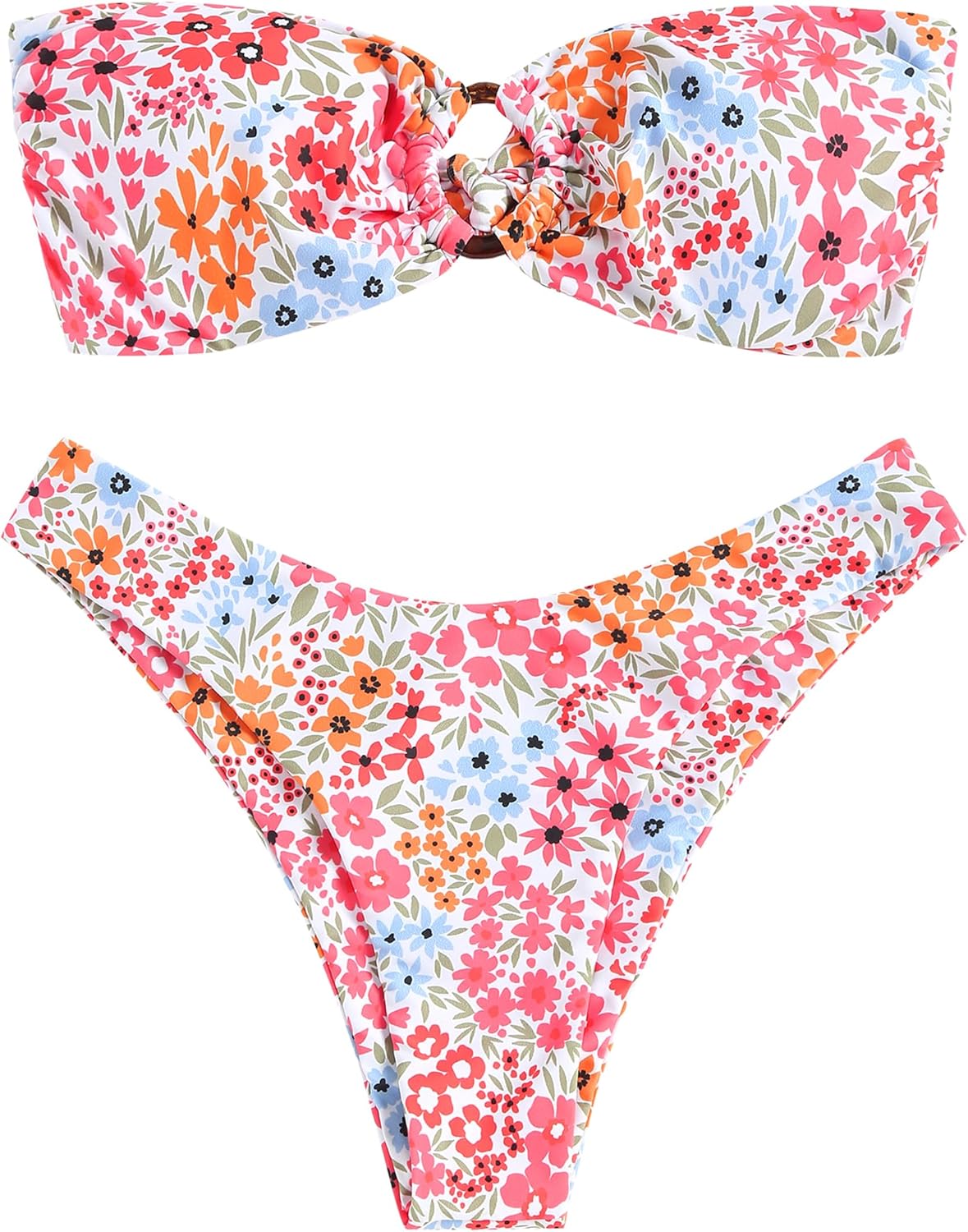 ZAFUL Women's Bandeau Bikini O Ring Strapless High Cut Swimsuit