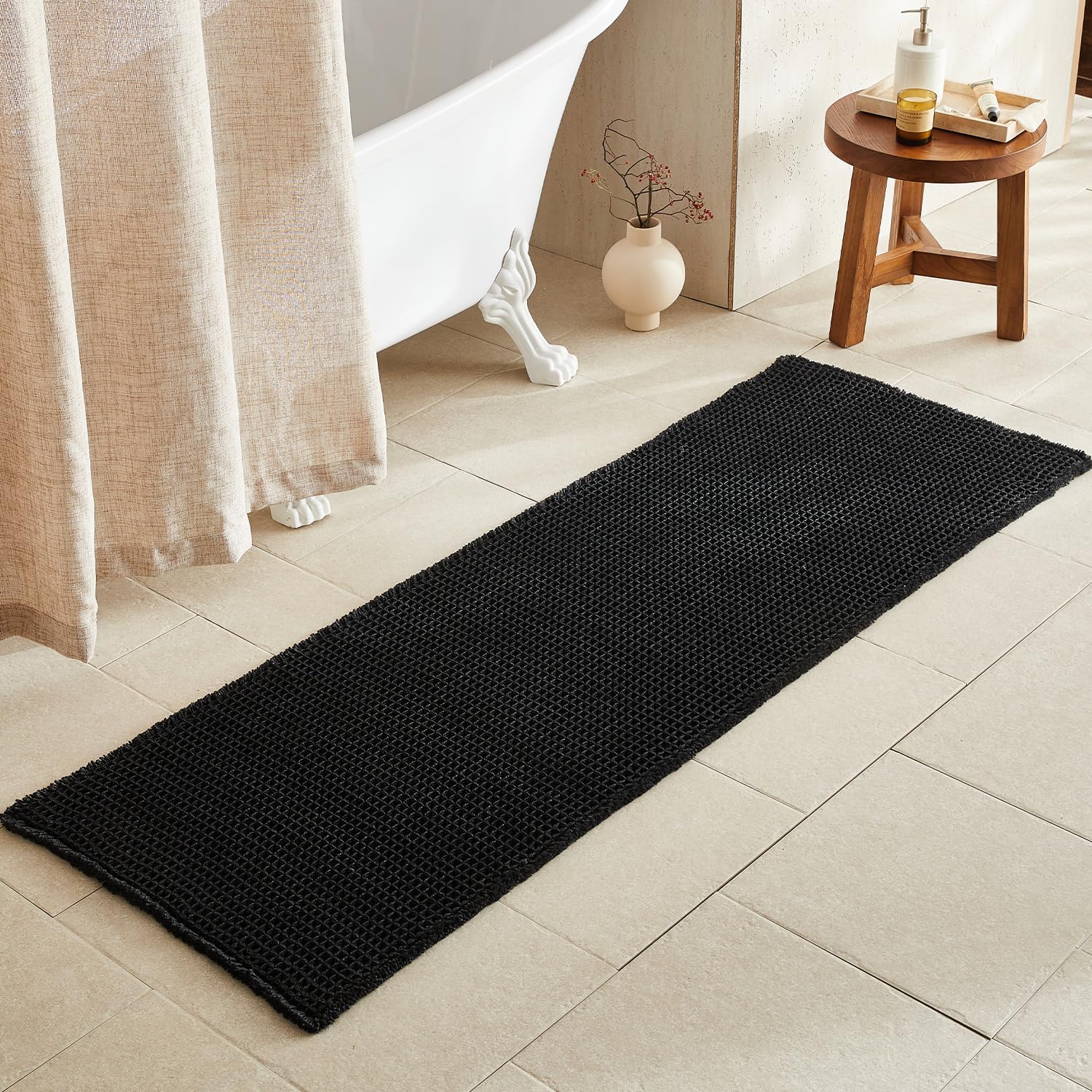 Black Long Bathroom Rug with Non Slip Backing for Safety