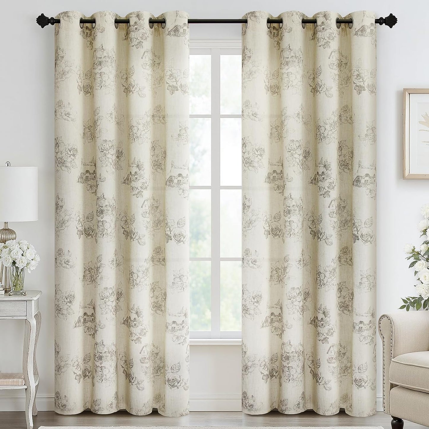Yakamok Grey Floral Linen Curtains for Living Room 84 in Long