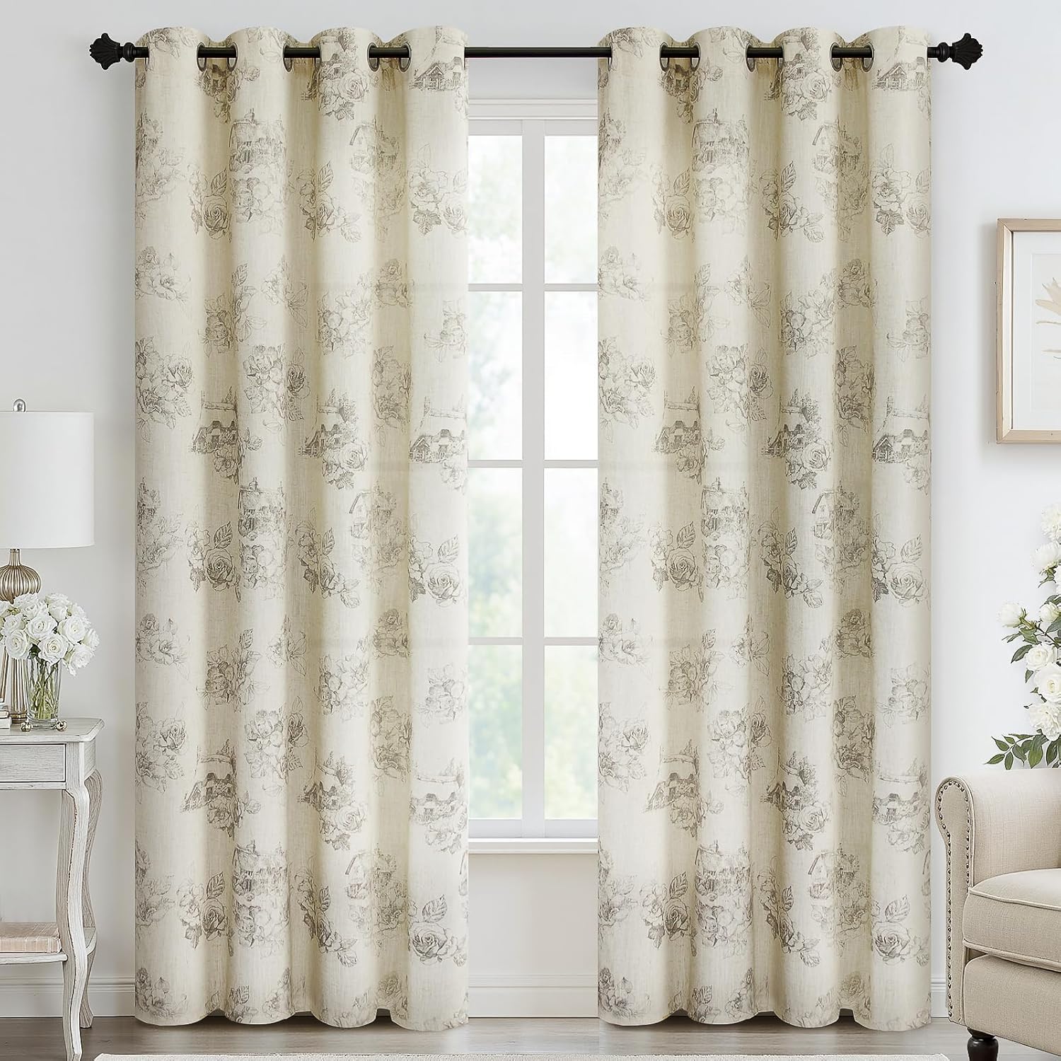 Yakamok Grey Floral Linen Curtains for Living Room 84 in Long