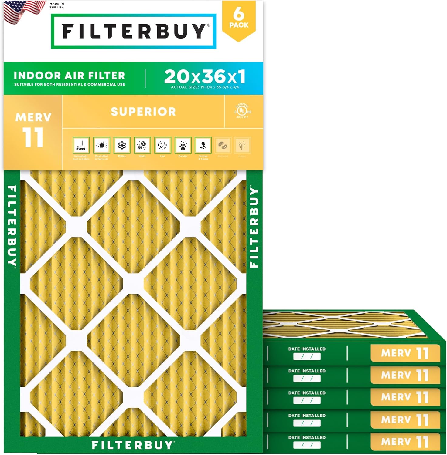 Filterbuy 20x36x1 Air Filter MERV 11 for Pet & Allergy Defense