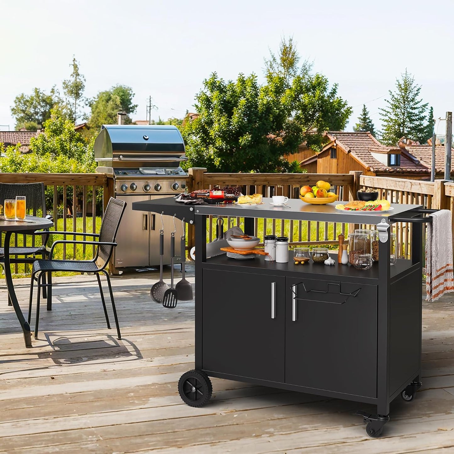 Shintenchi Outdoor Grill Cart Table with Stainless Steel Top