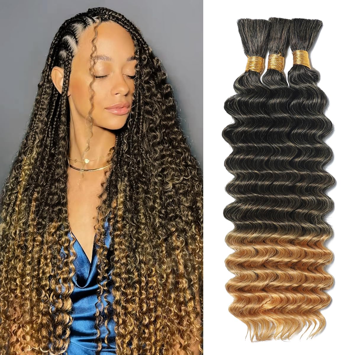 Ombre Human Braiding Hair for Boho Braids 20 Inch 120g Deep Wave