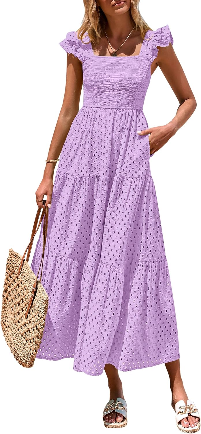 PRETTYGARDEN Womens Summer Square Neck Maxi Dress with Pockets