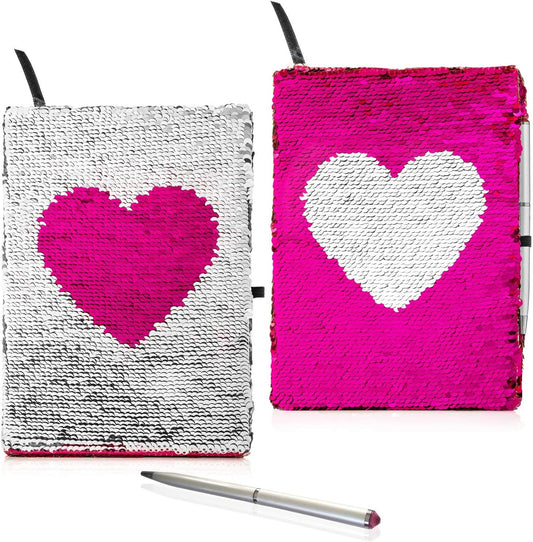 Sparkly Heart Sequin Journal with Gem Pen