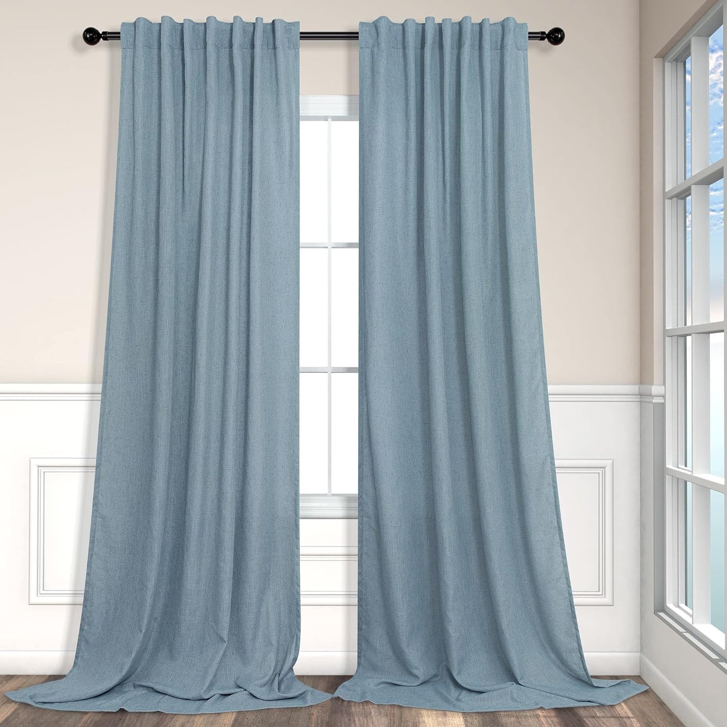 Blue Linen Curtains 84 Inch Length for Living Room 2 Panels Set